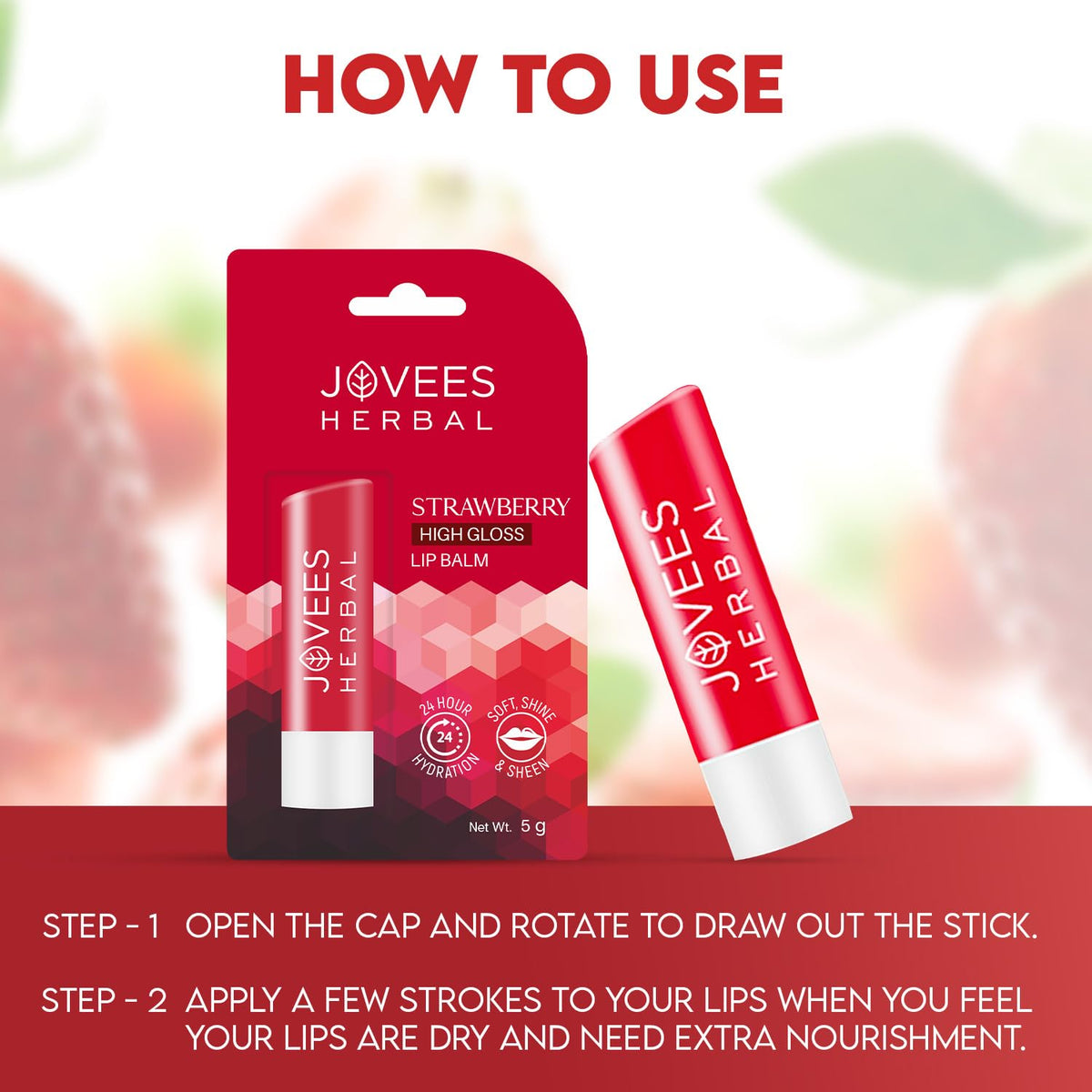 Jovees Herbal Strawberry High Gloss Lip Balm For Soft, Glossy And Supple Lips | 24 Hour Hydration | Rejuvenates Dark, Pigmented, Dry, Chapped And Discoloration