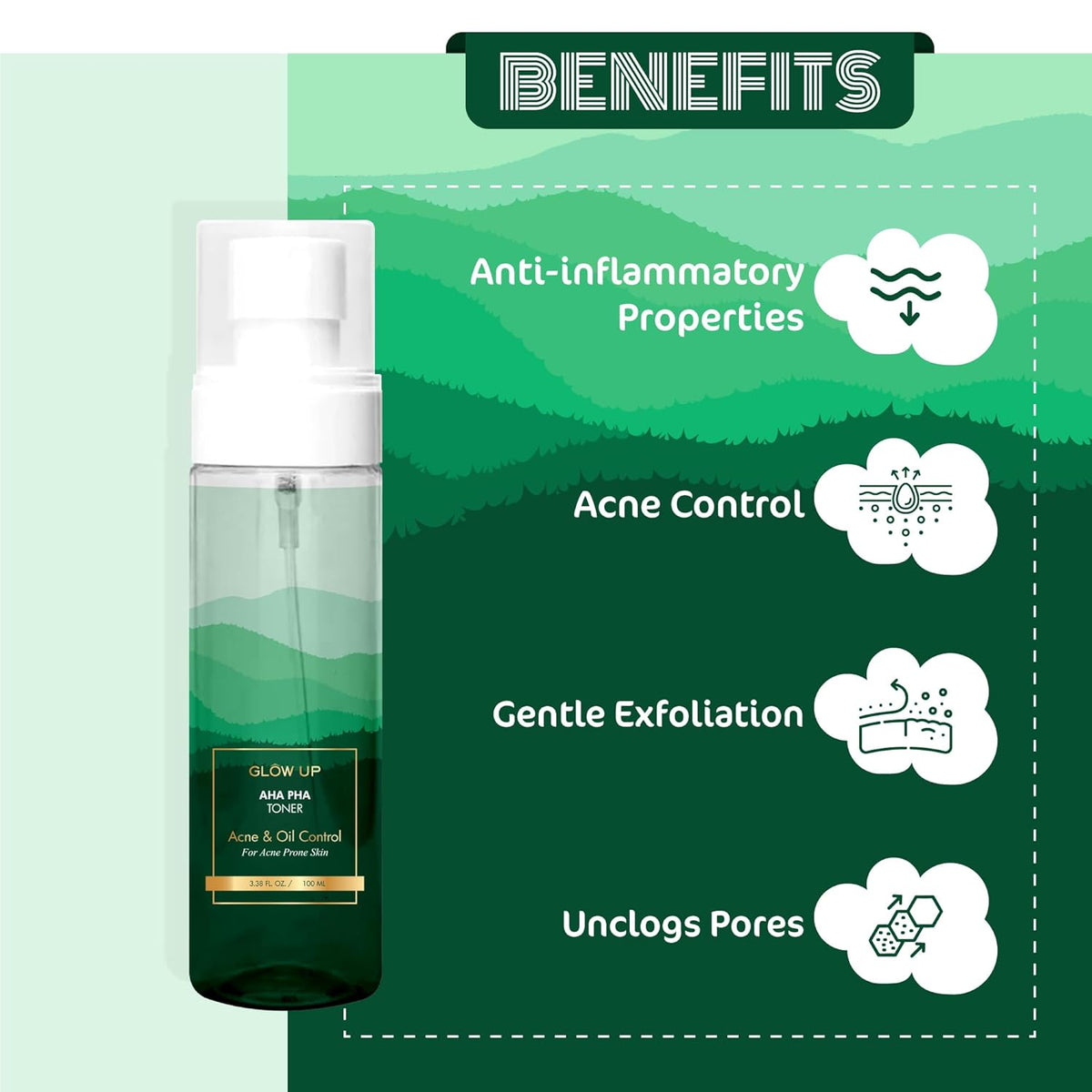 Glow Up AHA PHA Toner Acne & Oil Control for Acne Prone Skin| Alcohol free| With AlphaHydroxy and PolyHydroxy Acids| Fight Pimples| For Men and Women| 100ml