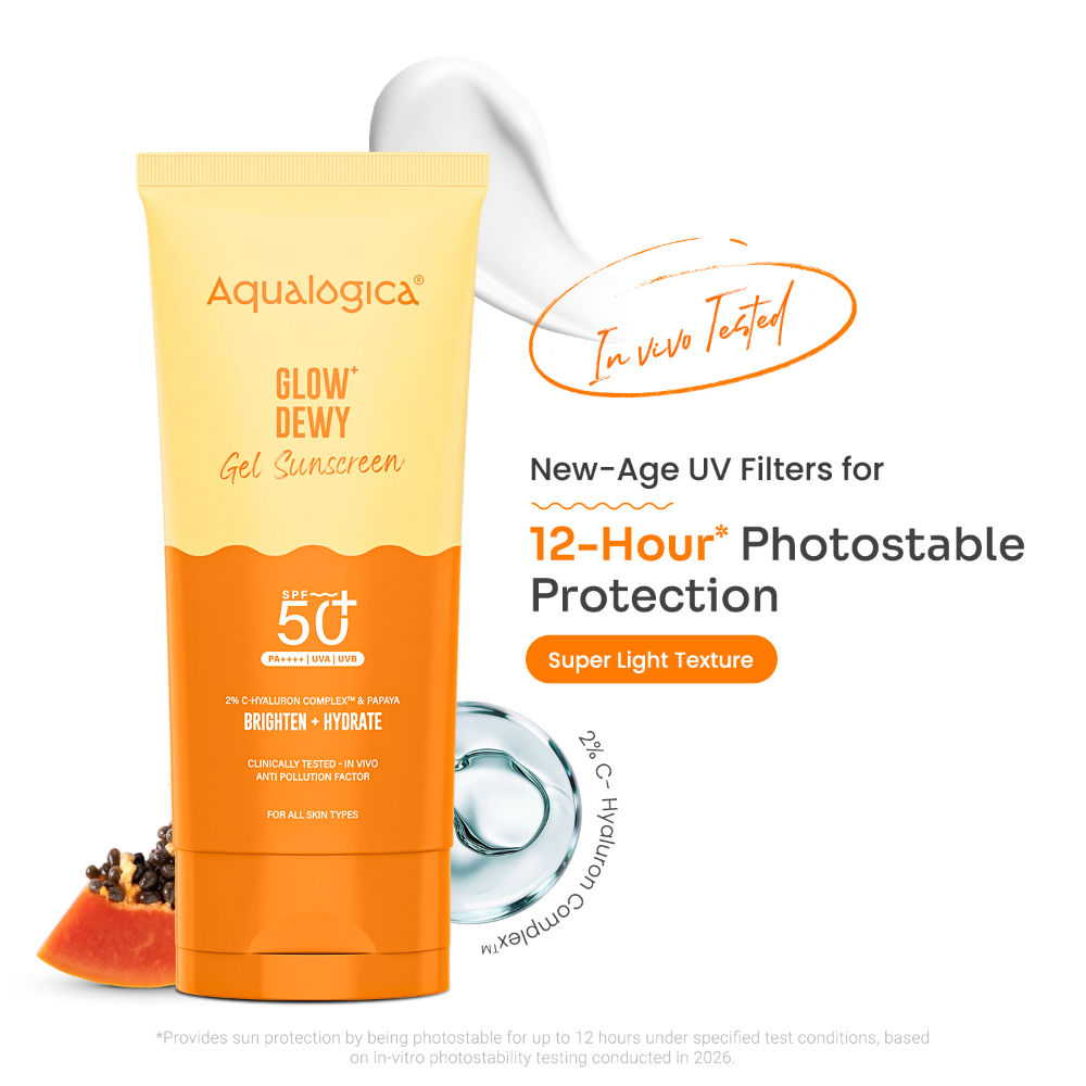 Aqualogica Glow+ Dewy Sunscreen Gel SPF 50+ PA++++, Papaya, Vit C, APF, No White Cast (80g)