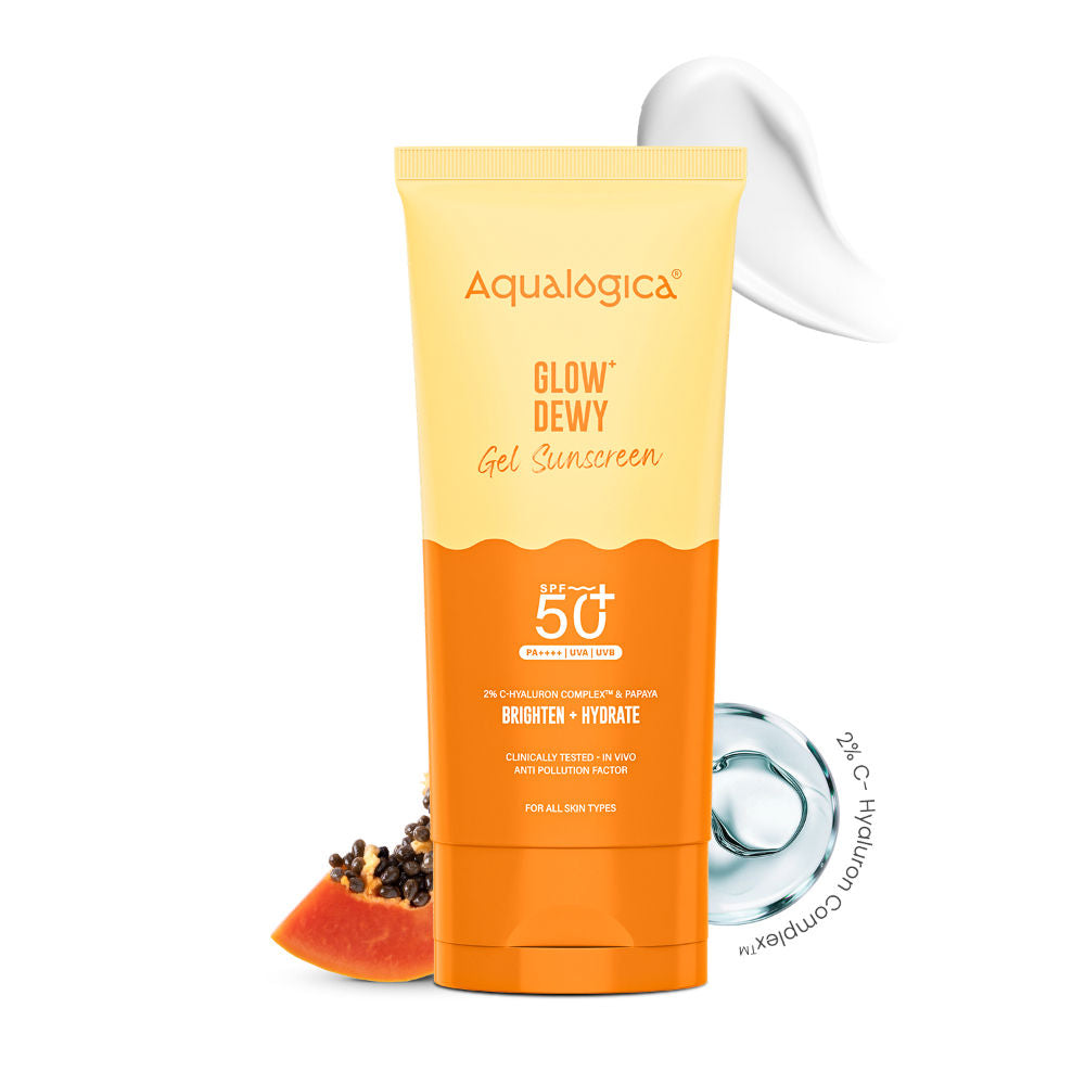 Aqualogica Glow+ Dewy Sunscreen Gel SPF 50+ PA++++, Papaya, Vit C, APF, No White Cast (80g)