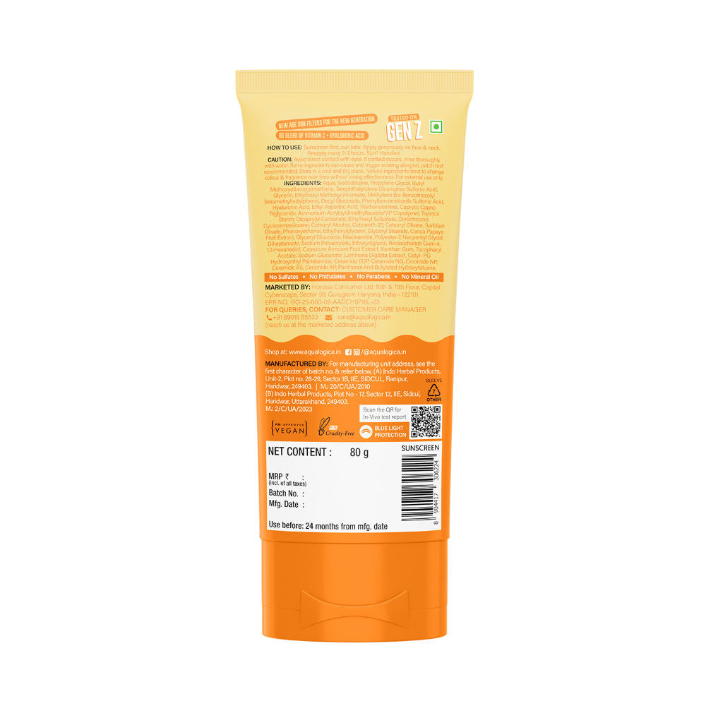 Aqualogica Glow+ Dewy Sunscreen Gel SPF 50+ PA++++, Papaya, Vit C, APF, No White Cast (80g)