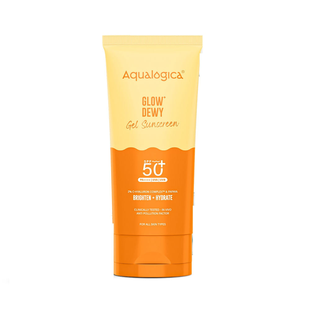 Aqualogica Glow+ Dewy Sunscreen Gel SPF 50+ PA++++, Papaya, Vit C, APF, No White Cast (80g)