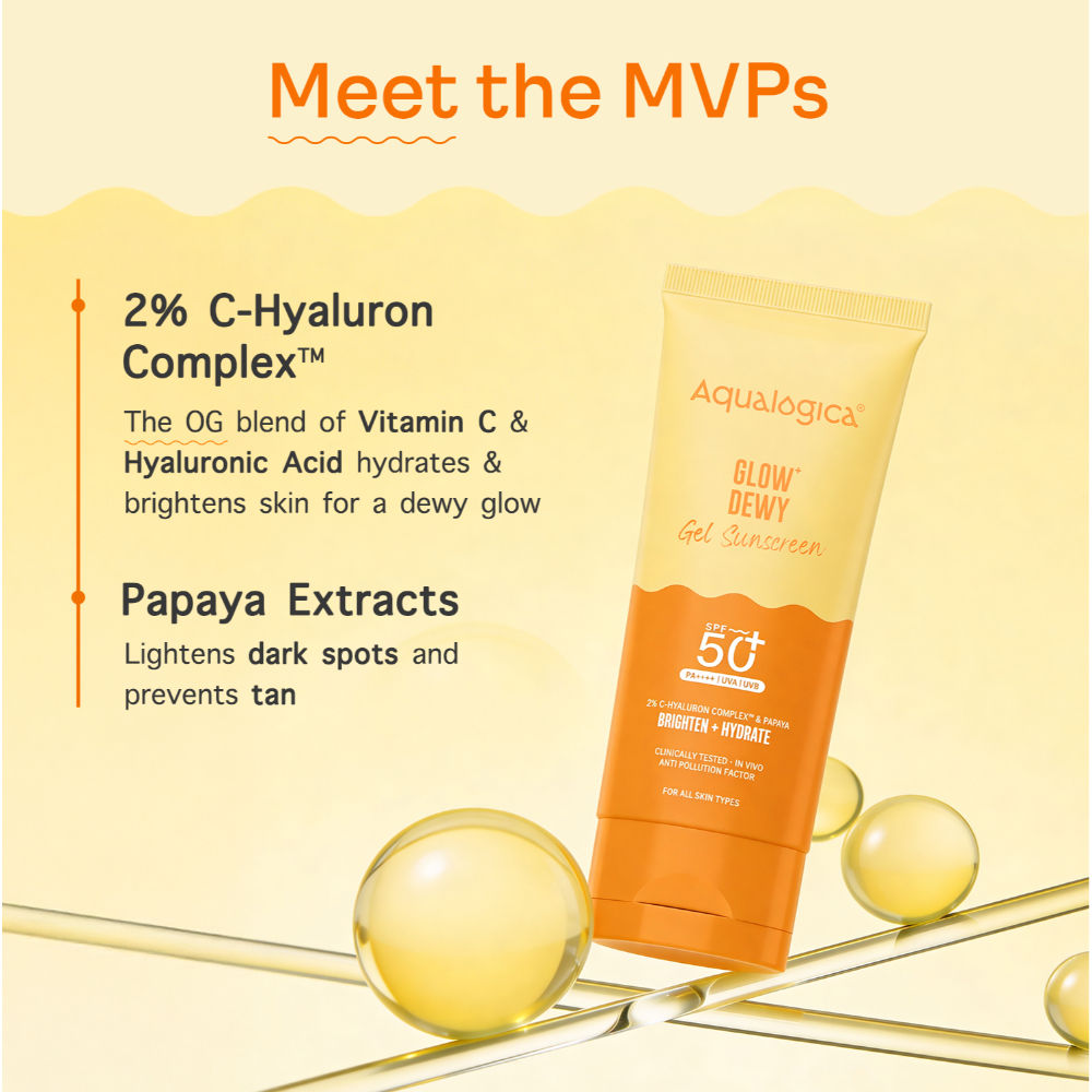 Aqualogica Glow+ Dewy Sunscreen Gel SPF 50+ PA++++, Papaya, Vit C, APF, No White Cast (80g)