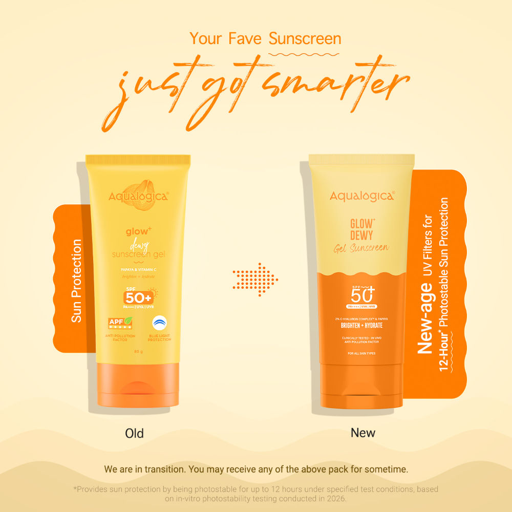 Aqualogica Glow+ Dewy Sunscreen Gel SPF 50+ PA++++, Papaya, Vit C, APF, No White Cast (80g)