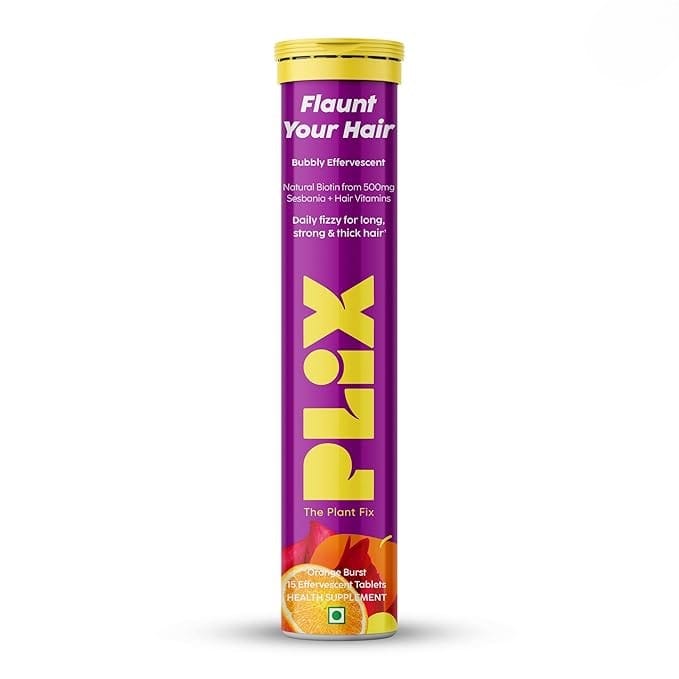 Plix - Flaunt Your Hair Bubbly Effervescent Daily Fizzy For Long Strong & Thicker Hair Orange Flavour Tablets (15N)