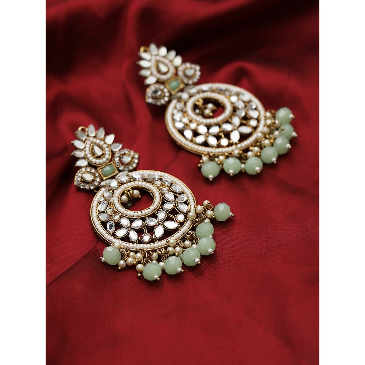 Aatmana Mint Green Gold Plated stone Studded and Beaded Crescent Shaped Chandbalis Earrings