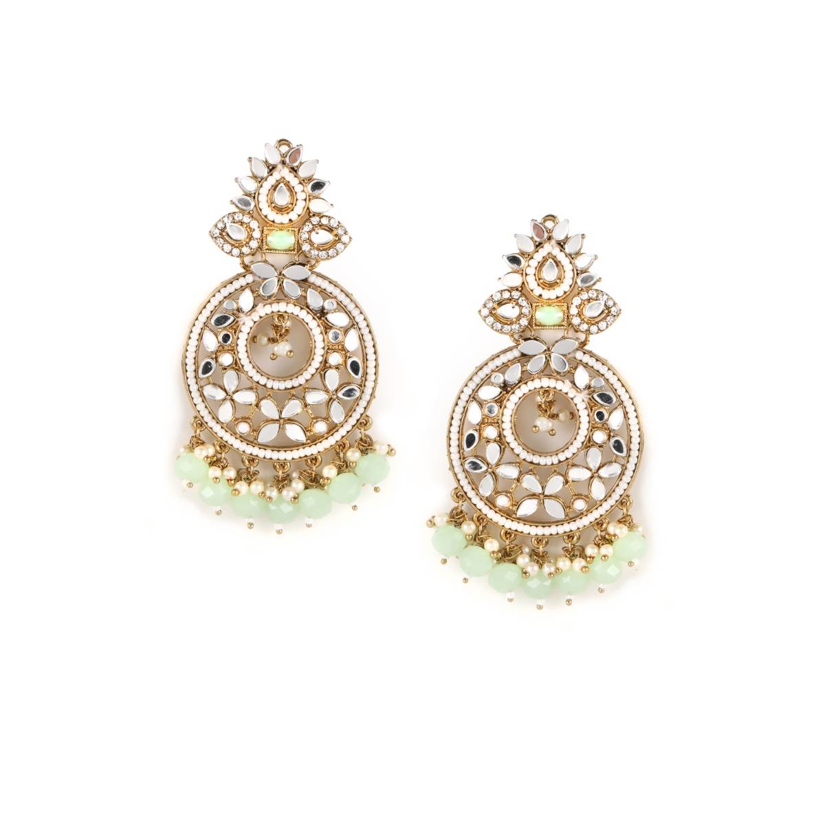 Aatmana Mint Green Gold Plated stone Studded and Beaded Crescent Shaped Chandbalis Earrings