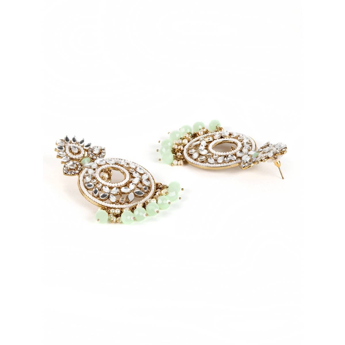 Aatmana Mint Green Gold Plated stone Studded and Beaded Crescent Shaped Chandbalis Earrings