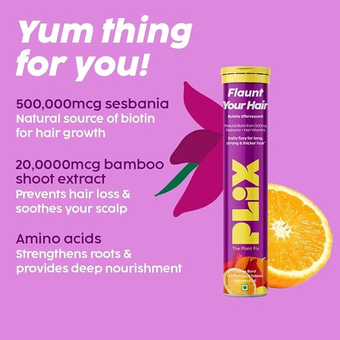 Plix - Flaunt Your Hair Bubbly Effervescent Daily Fizzy For Long Strong & Thicker Hair Orange Flavour Tablets (15N)
