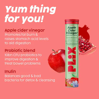 Plix - Apple Cider Vinegar With the mother bubbly effervescent daily fizzy to support digestion & weight apple Flavour Tablets (15N)