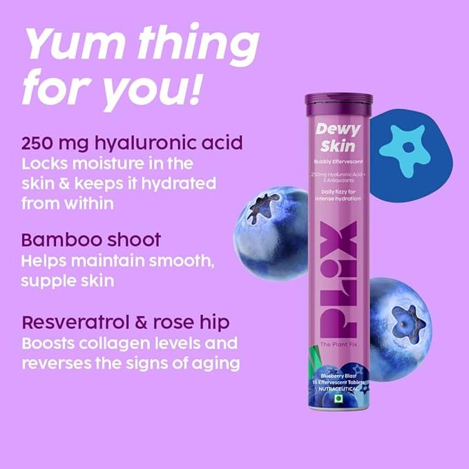 Plix - Dewy Skin Bubbly Effervescent Daily Fizzy For Intense Hydration Blueberry Flavour Tablets (15N)