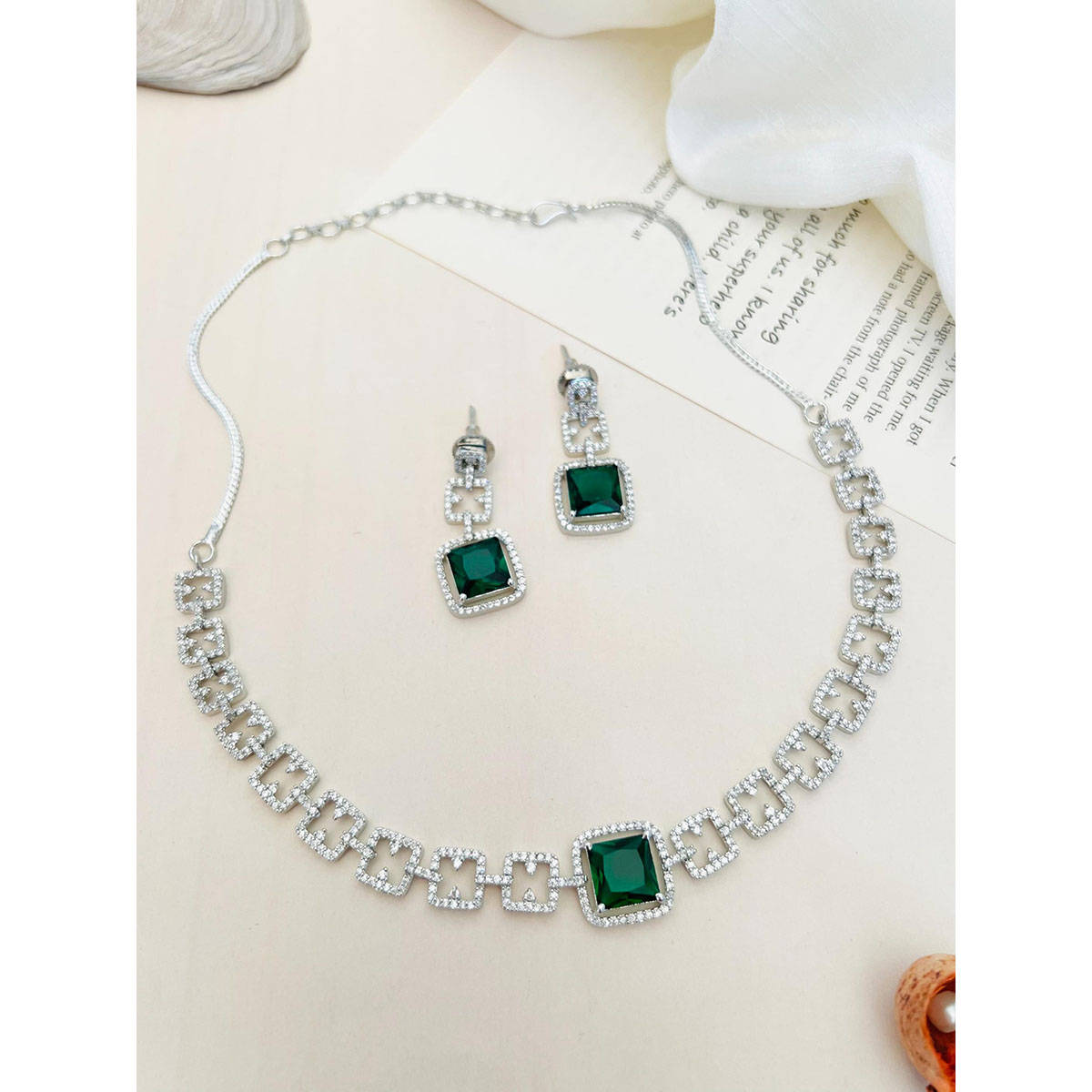 Abdesigns Enchanting American Diamond Necklace Green