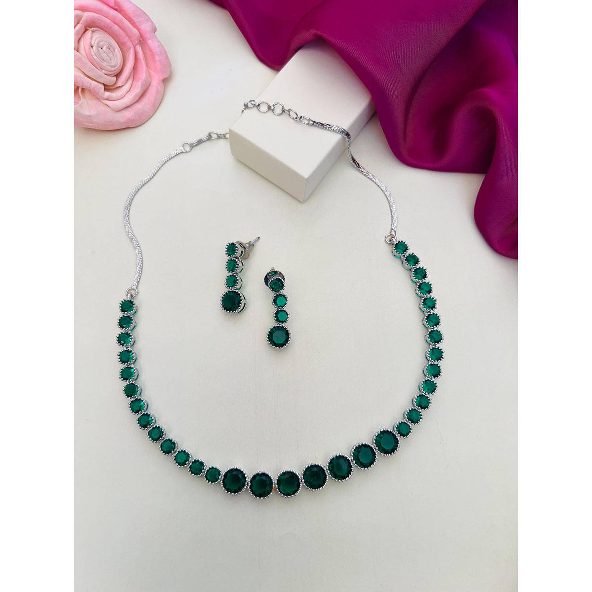 Abdesigns Enchanting American Diamond Necklace Green