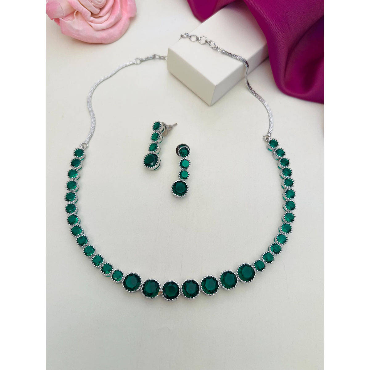 Abdesigns Enchanting American Diamond Necklace Green