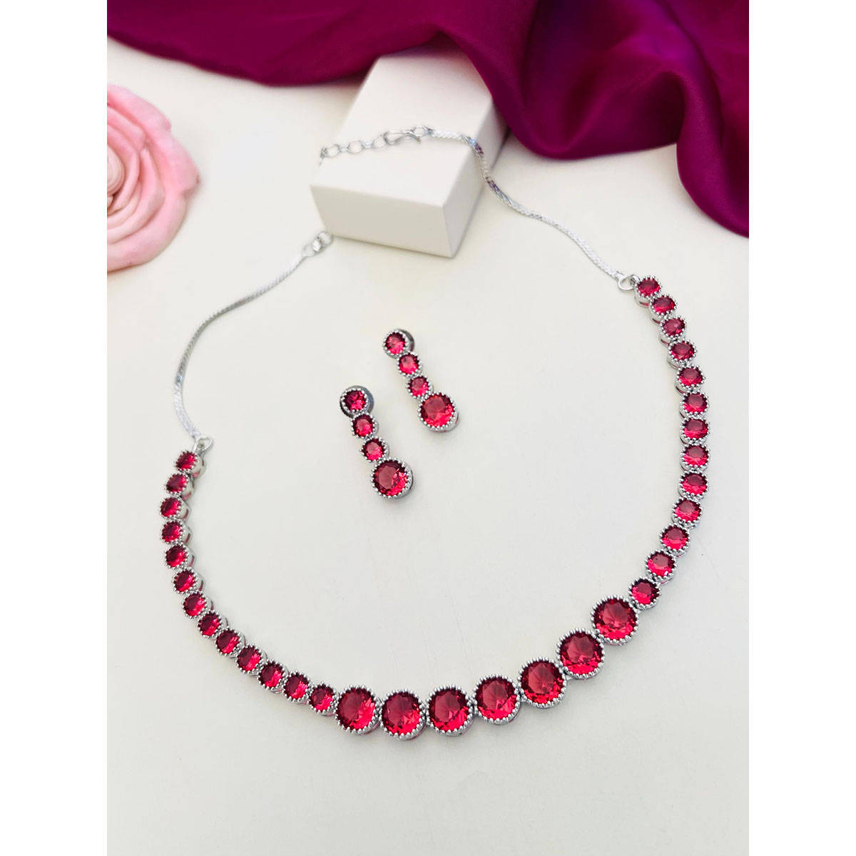 Abdesigns Enchanting American Diamond Necklace Red