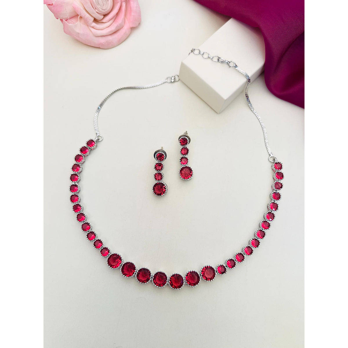 Abdesigns Enchanting American Diamond Necklace Red