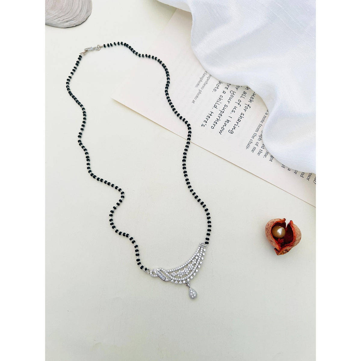 Abdesigns American Diamond Studded Beaded Mangalsutra White