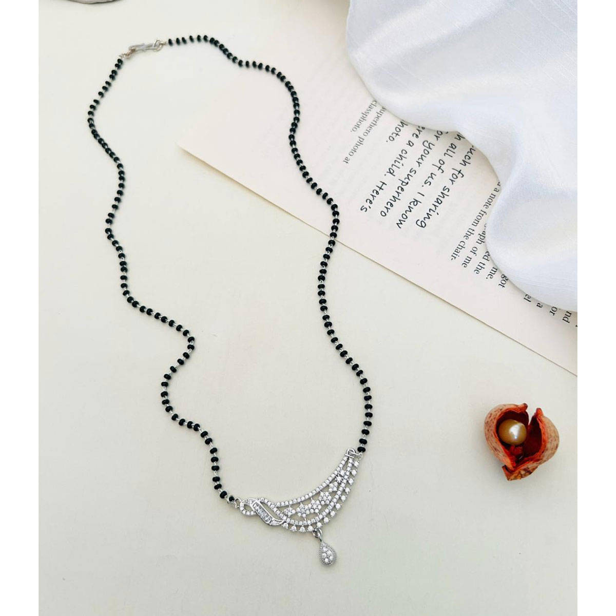 Abdesigns American Diamond Studded Beaded Mangalsutra White