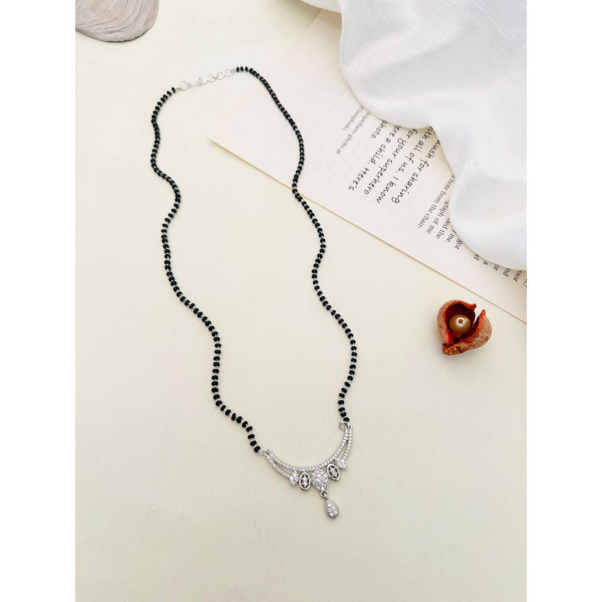 Abdesigns American Diamond Studded Beaded Mangalsutra White