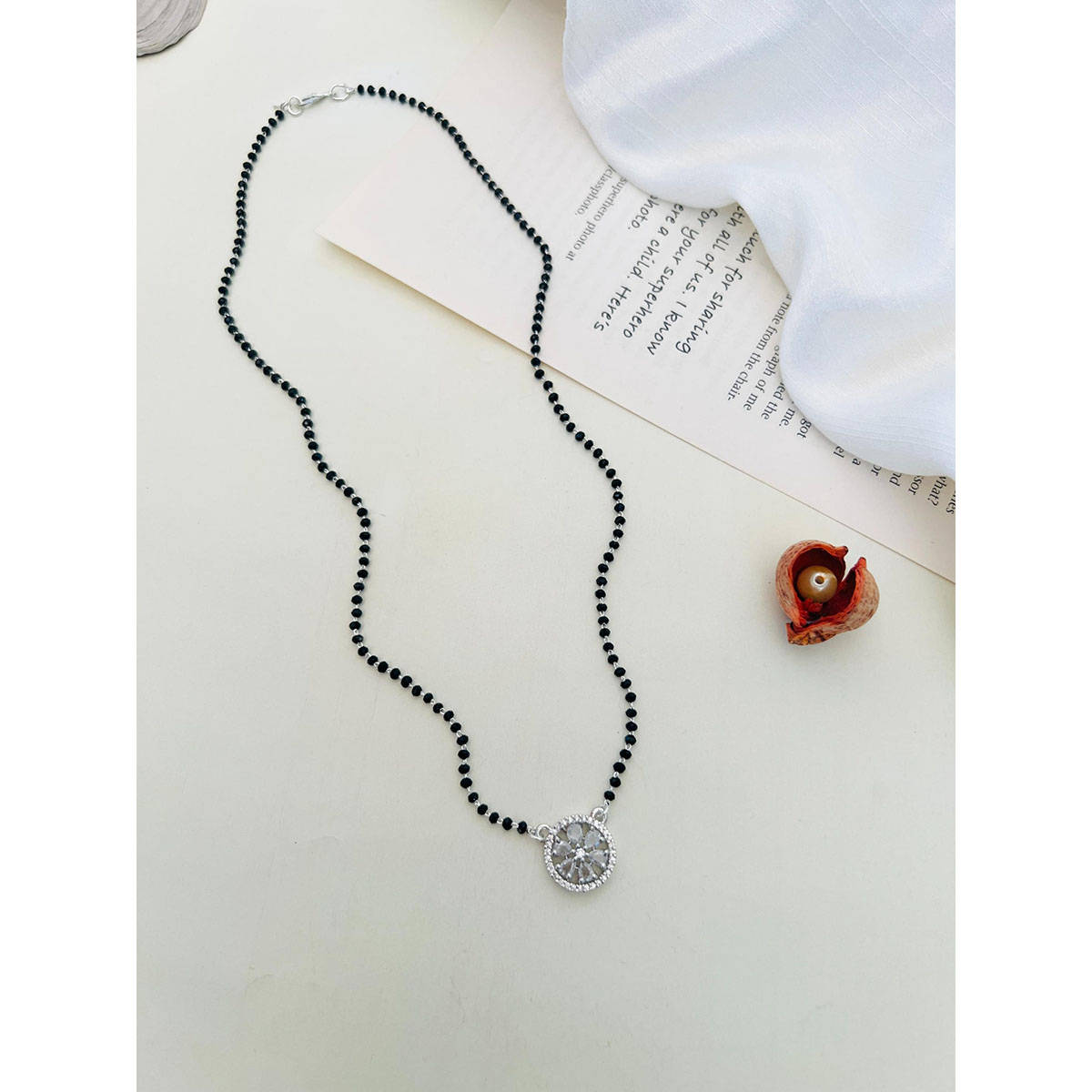 Abdesigns American Diamond Studded Beaded Mangalsutra White