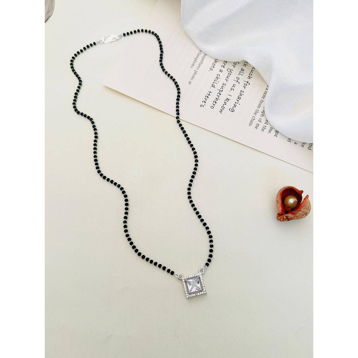 Abdesigns American Diamond Studded Beaded Mangalsutra White