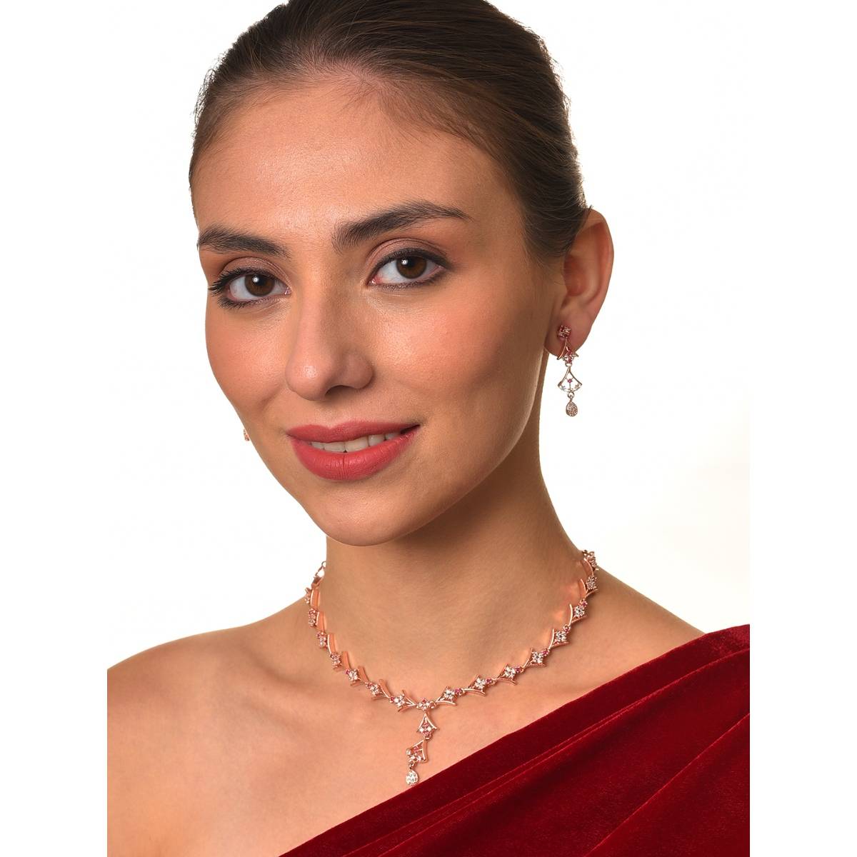 Aatmana Rose Gold Plated Ruby AD Studded Handcrafted Jewellery Set