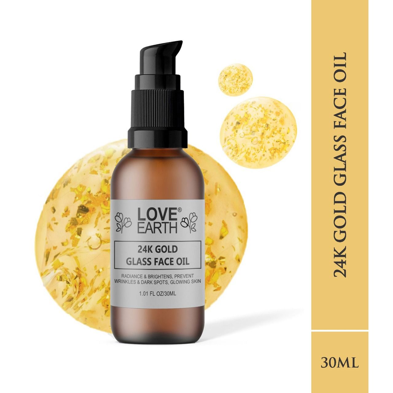 Love Earth 24K Gold Glass Face Oil for Skin Brightening Anti-Aging with Pure Essential Oils (30ml)