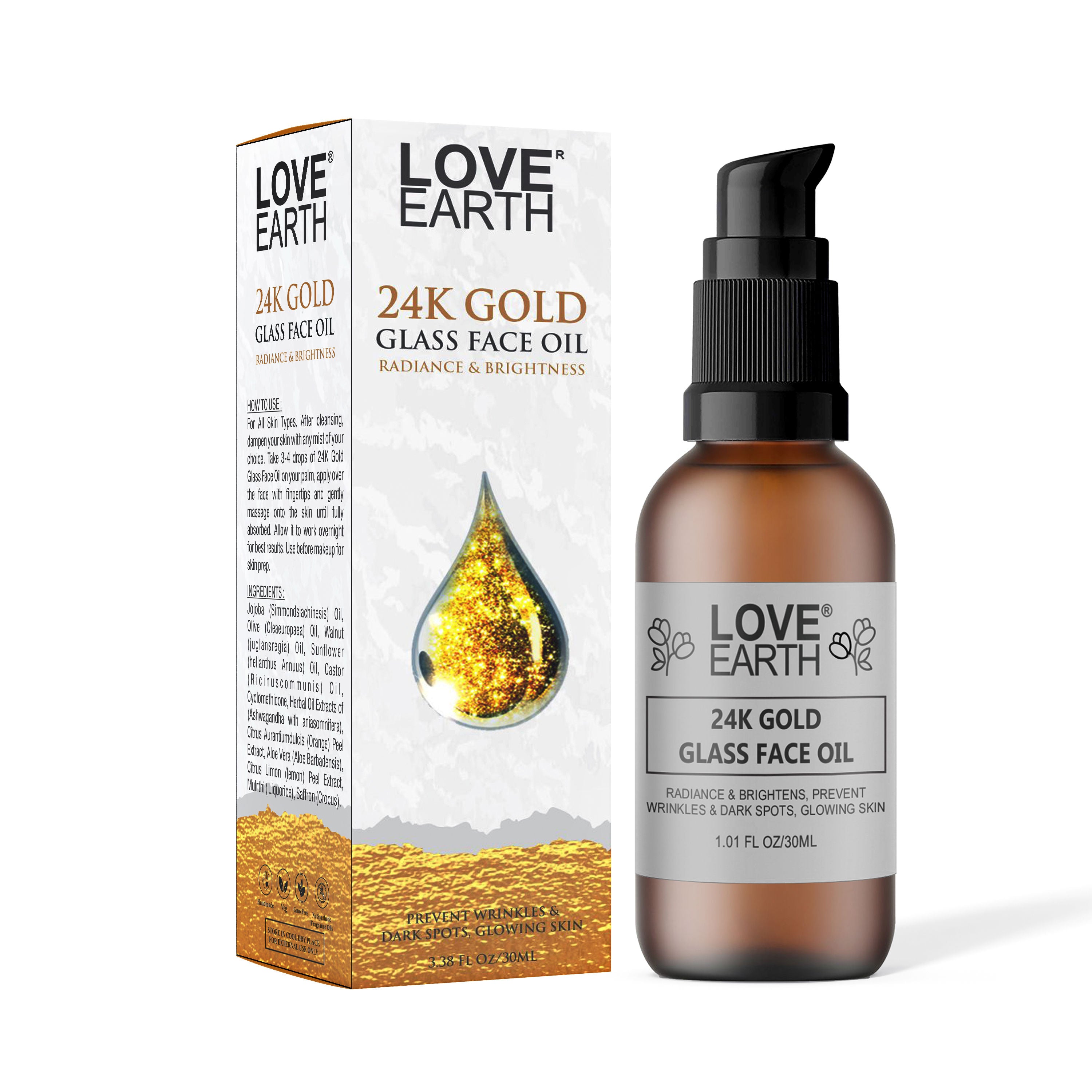 Love Earth 24K Gold Glass Face Oil for Skin Brightening Anti-Aging with Pure Essential Oils (30ml)