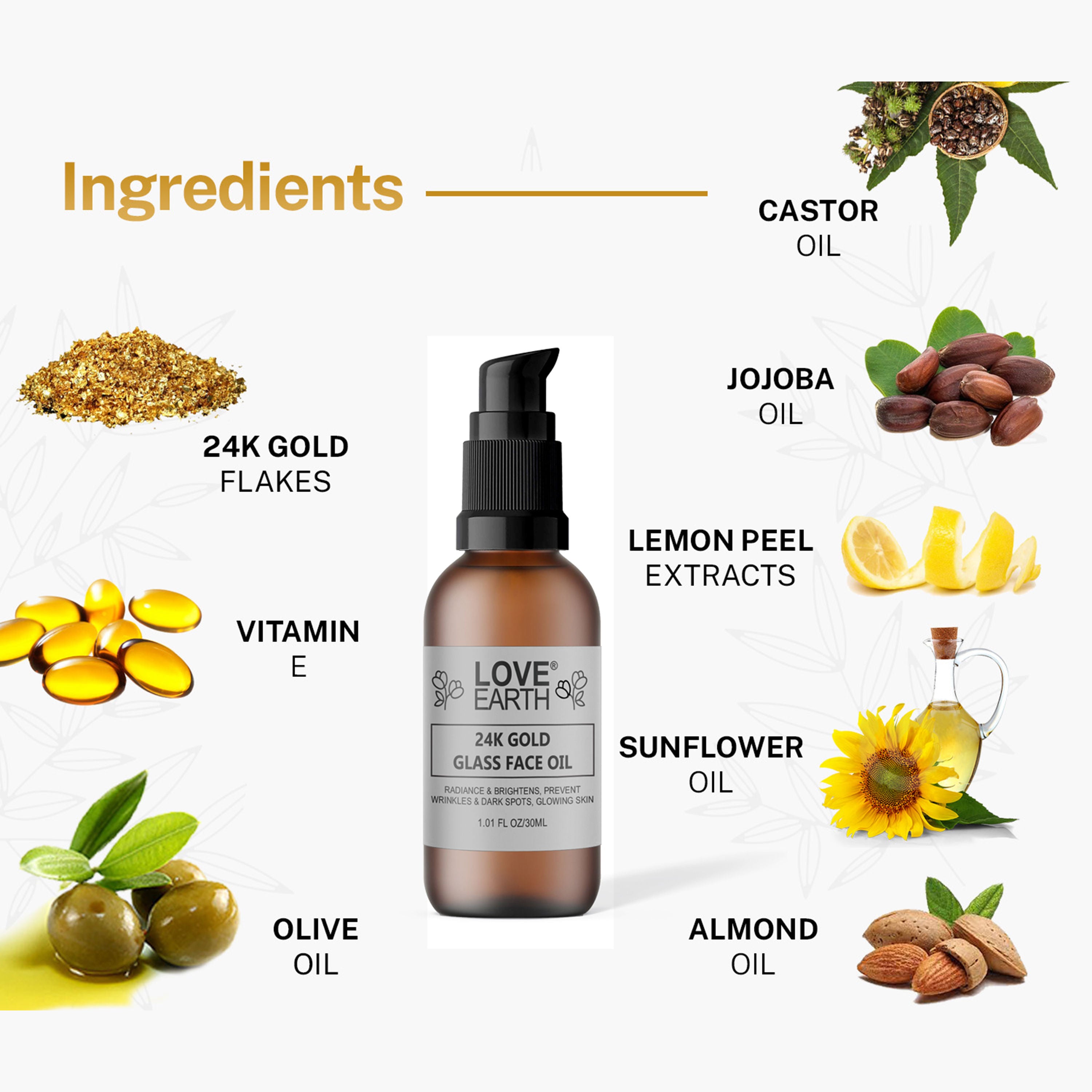 Love Earth 24K Gold Glass Face Oil for Skin Brightening Anti-Aging with Pure Essential Oils (30ml)