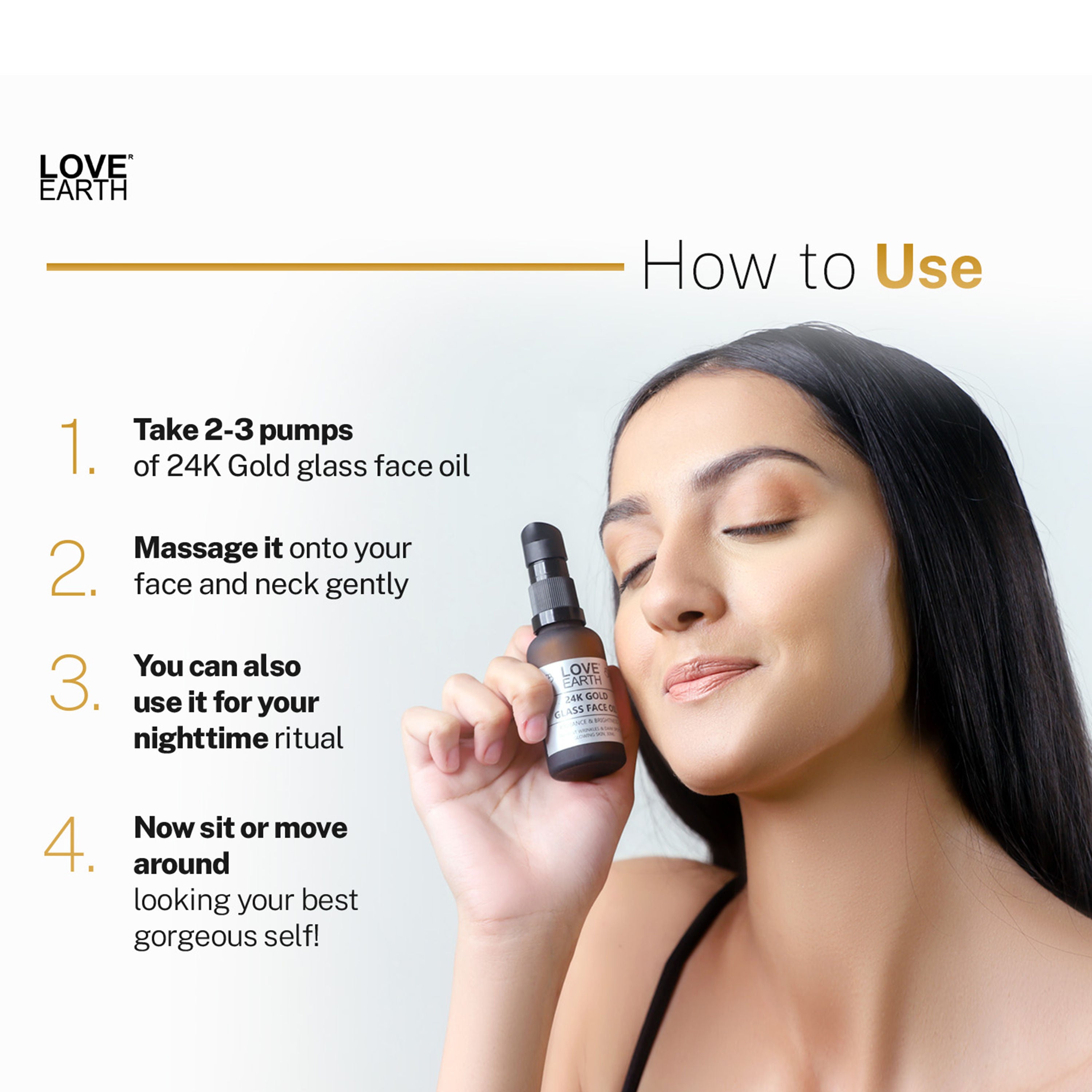 Love Earth 24K Gold Glass Face Oil for Skin Brightening Anti-Aging with Pure Essential Oils (30ml)
