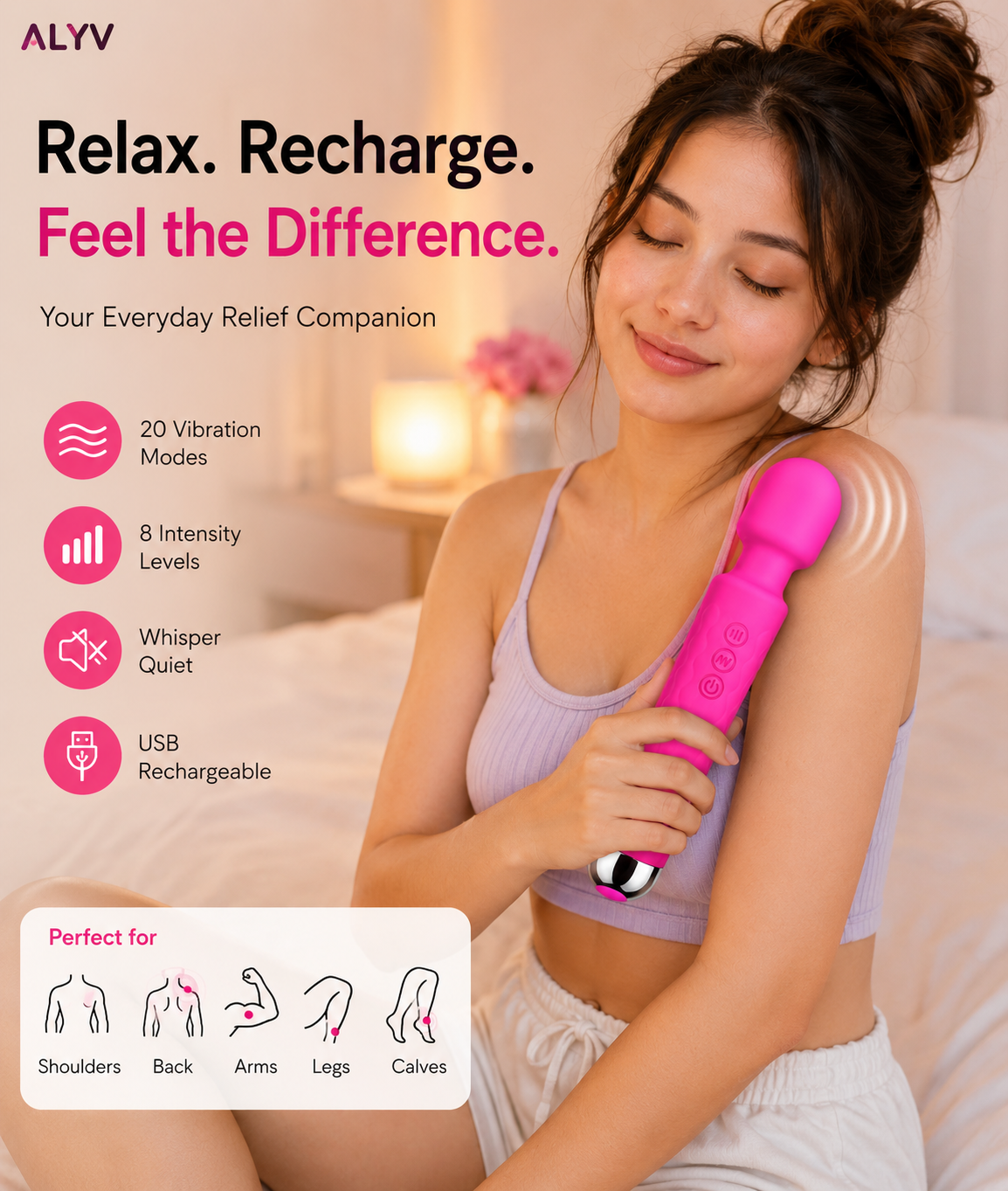 ALYV Rechargeable Full Body Massager for Women & Men | Cordless Electric Handheld Body Massager with Multiple Vibration Modes | Waterproof Body Massager | Pink