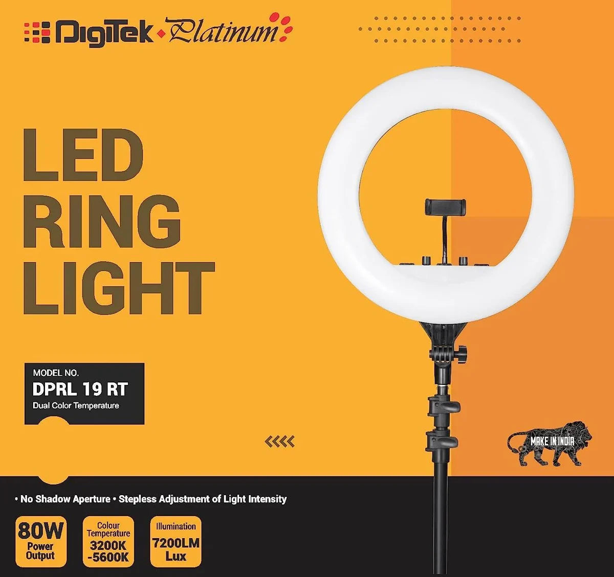 Digitek Platinum DPRL-19RT Professional LED Ring Light Runs on AC Power with No Shadow apertures, Ideal use for Makeup, Video Shoot, Fashion Photography & Many