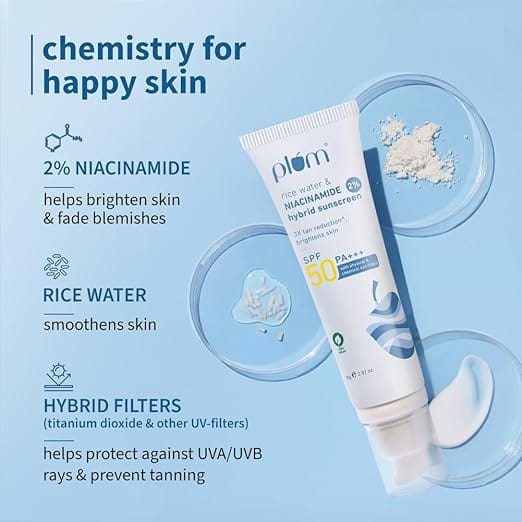 Plum - 2% Niacinamide & Rice Water Hybrid Face Sunscreen with SPF 50 PA+++ (80g)