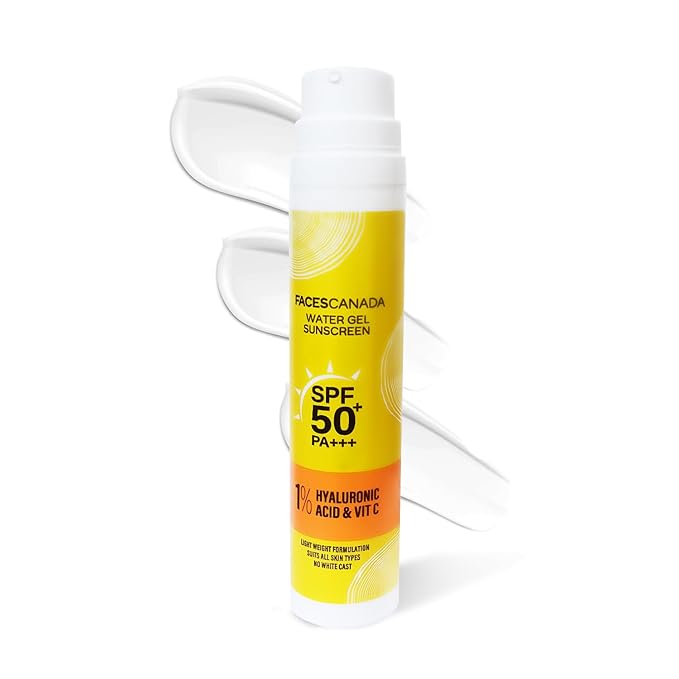 FACES CANADA Water Gel Sunscreen, 50g | SPF 50 PA+++ | Protects From UVA, UVB & Blue-Light Rays | 1% Hyaluronic Acid & Vitamin C | Lightweight | No White Cast |