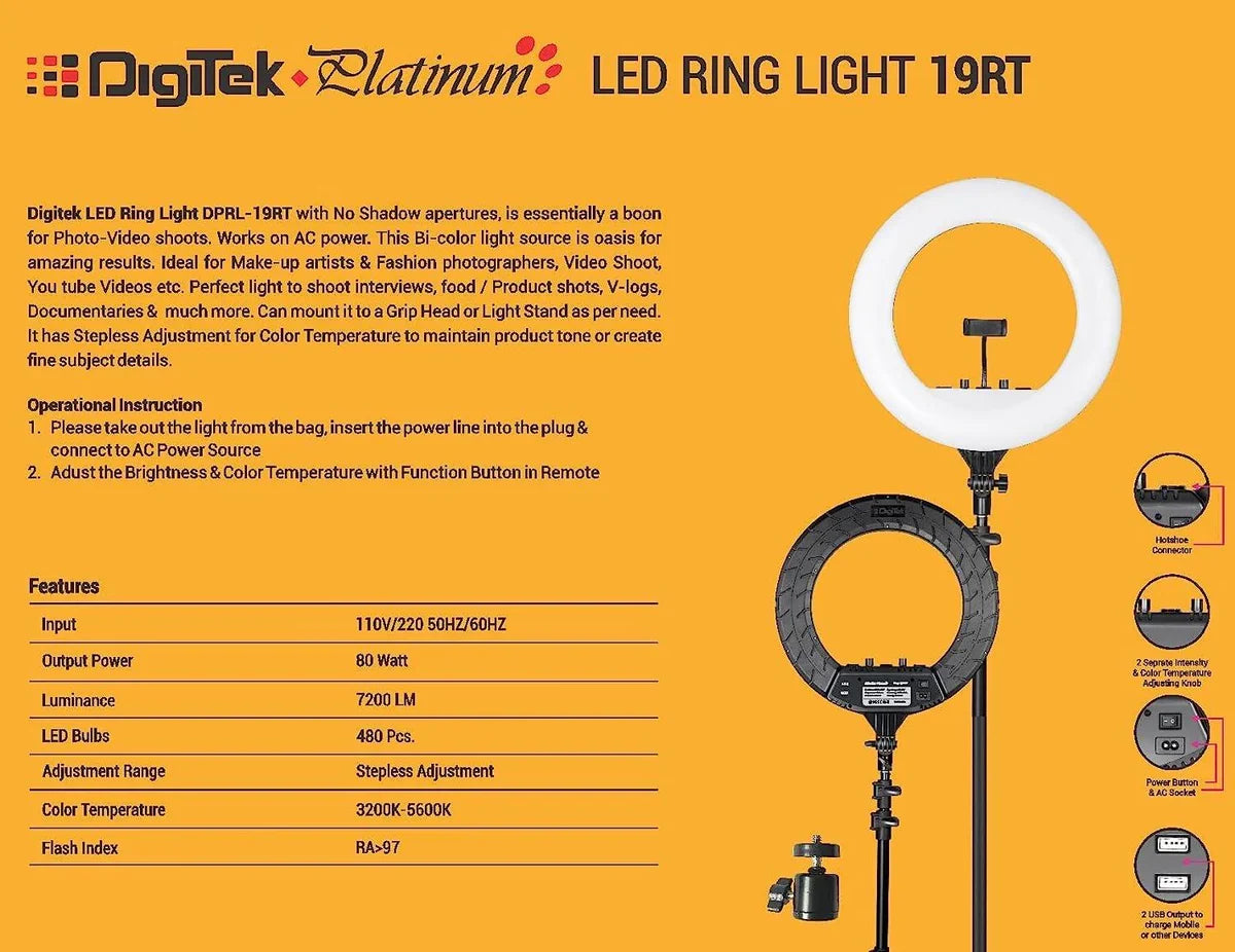 Digitek Platinum DPRL-19RT Professional LED Ring Light Runs on AC Power with No Shadow apertures, Ideal use for Makeup, Video Shoot, Fashion Photography & Many