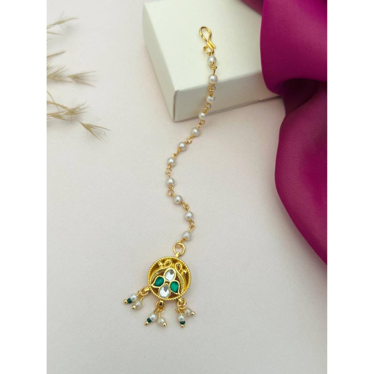 Abdesigns Gold-Plated Pachi Kundan Studded Maang Tikka - Green