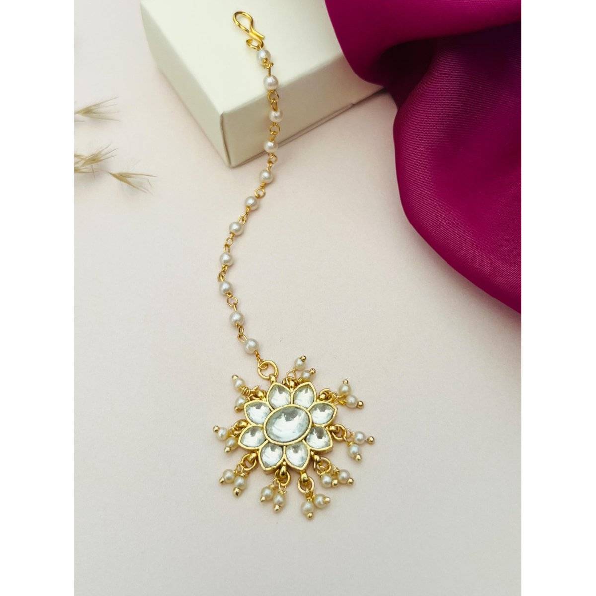 Abdesigns Gold-Plated Pachi Kundan Studded Maang Tikka - White