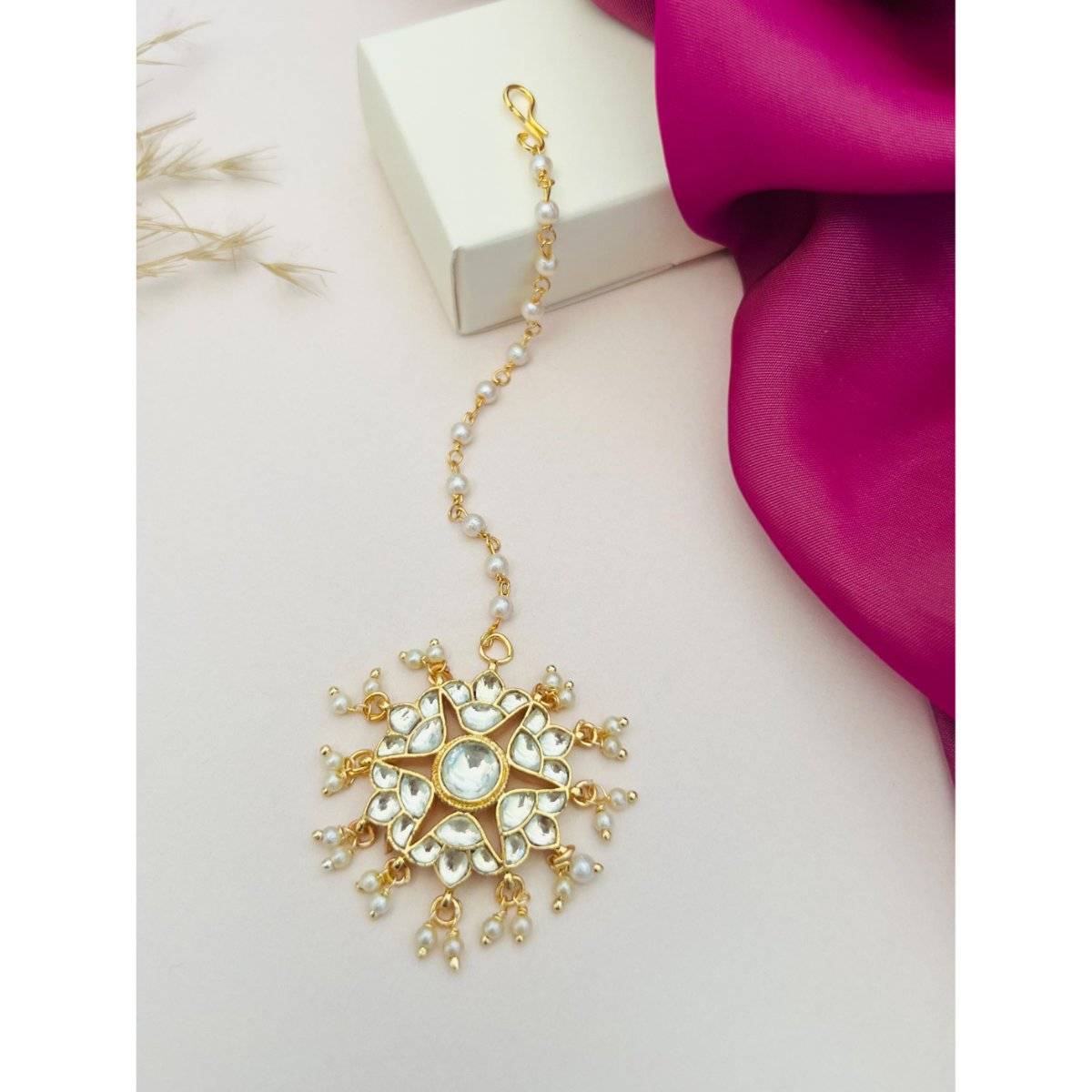 Abdesigns Gold-Plated Pachi Kundan Studded Maang Tikka - White