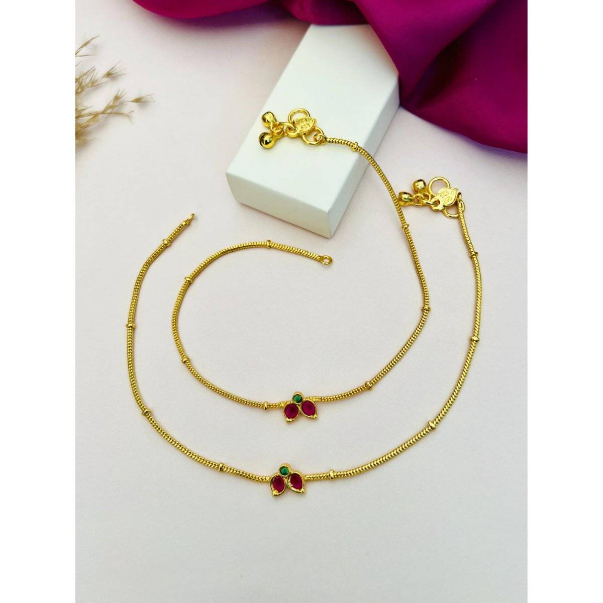 Abdesigns Gold Plated Kempstone Studded Anklet - Red