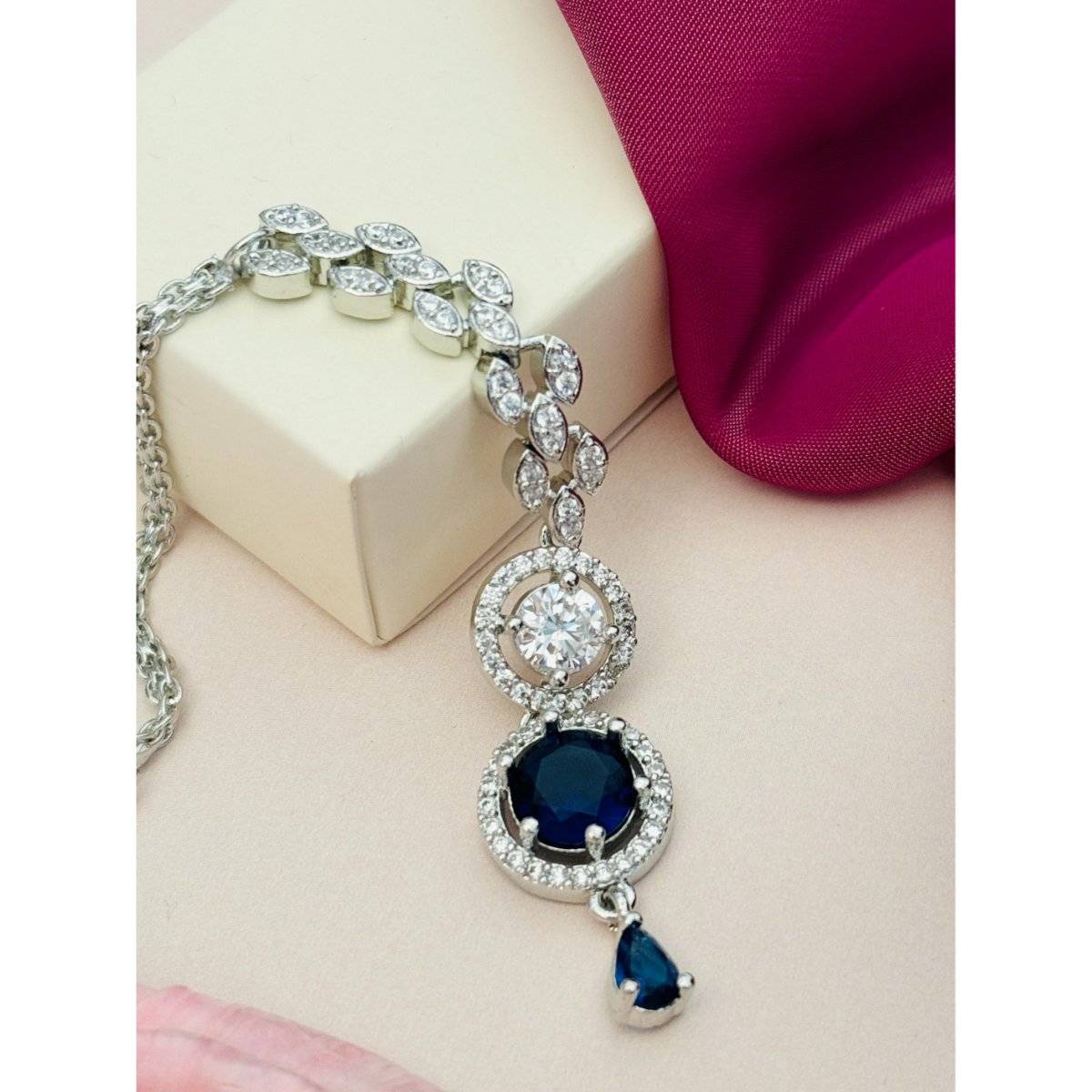 Abdesigns Silver-Plated American Diamond Studded Maang Tikka - Blue