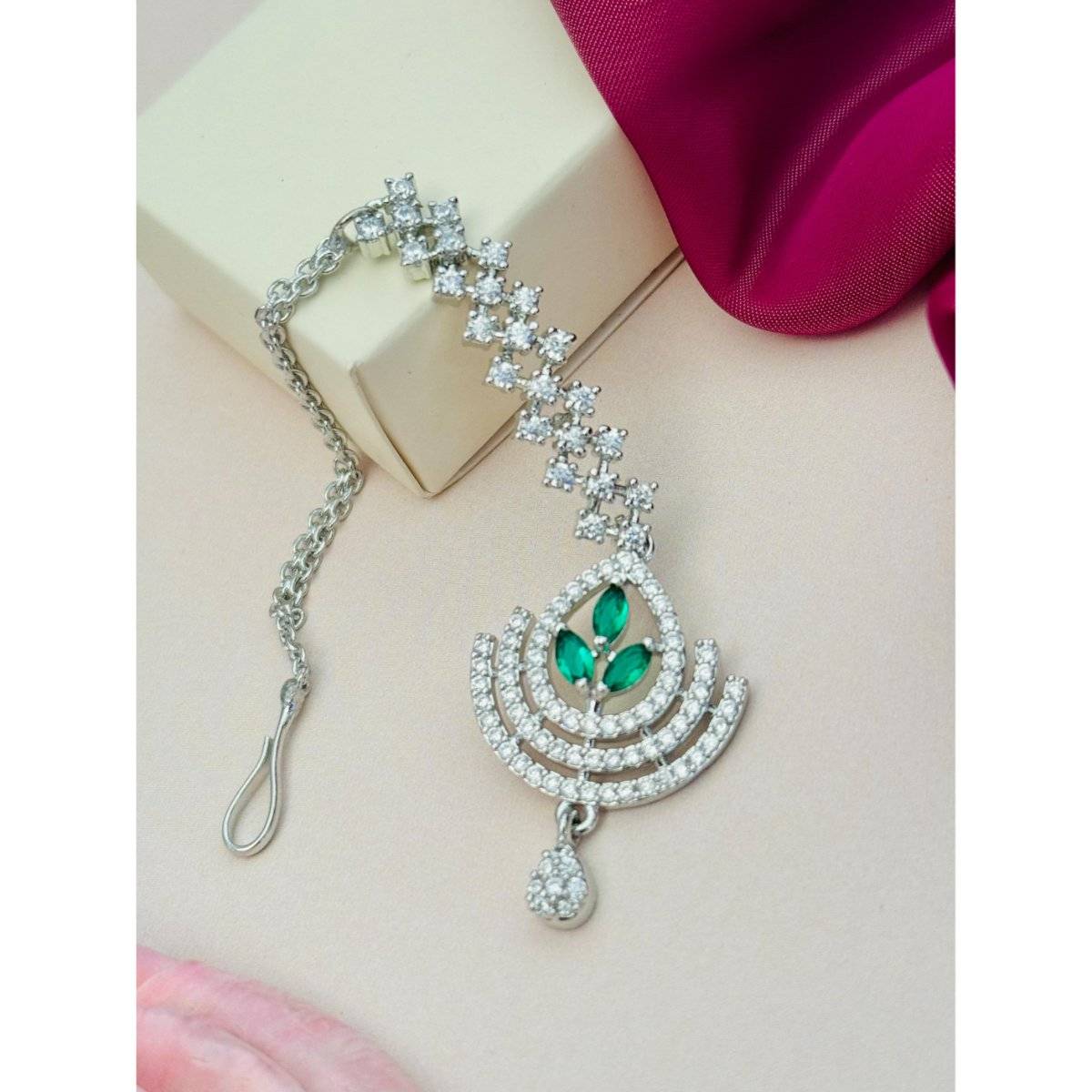 Abdesigns Silver-Plated American Diamond Studded Maang Tikka - Green