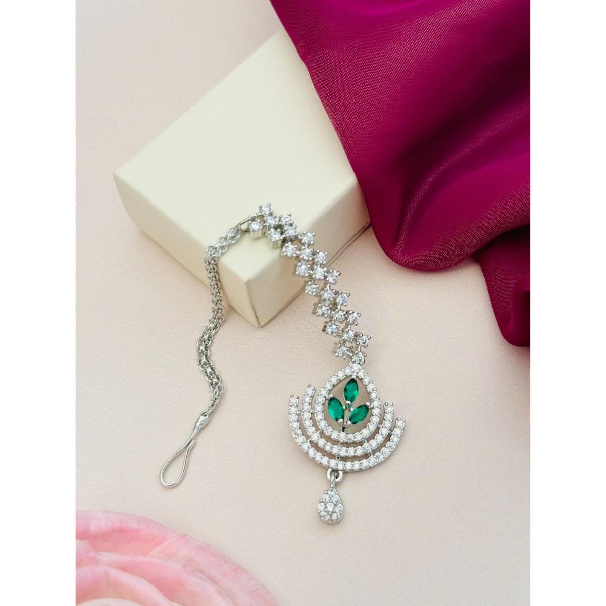 Abdesigns Silver-Plated American Diamond Studded Maang Tikka - Green