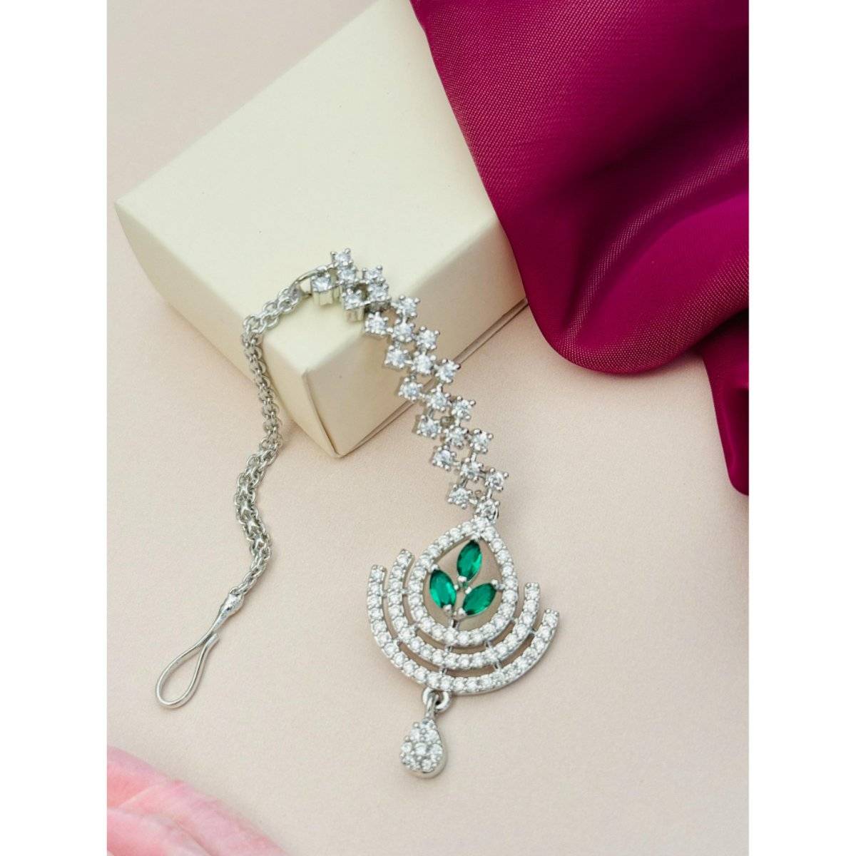 Abdesigns Silver-Plated American Diamond Studded Maang Tikka - Green