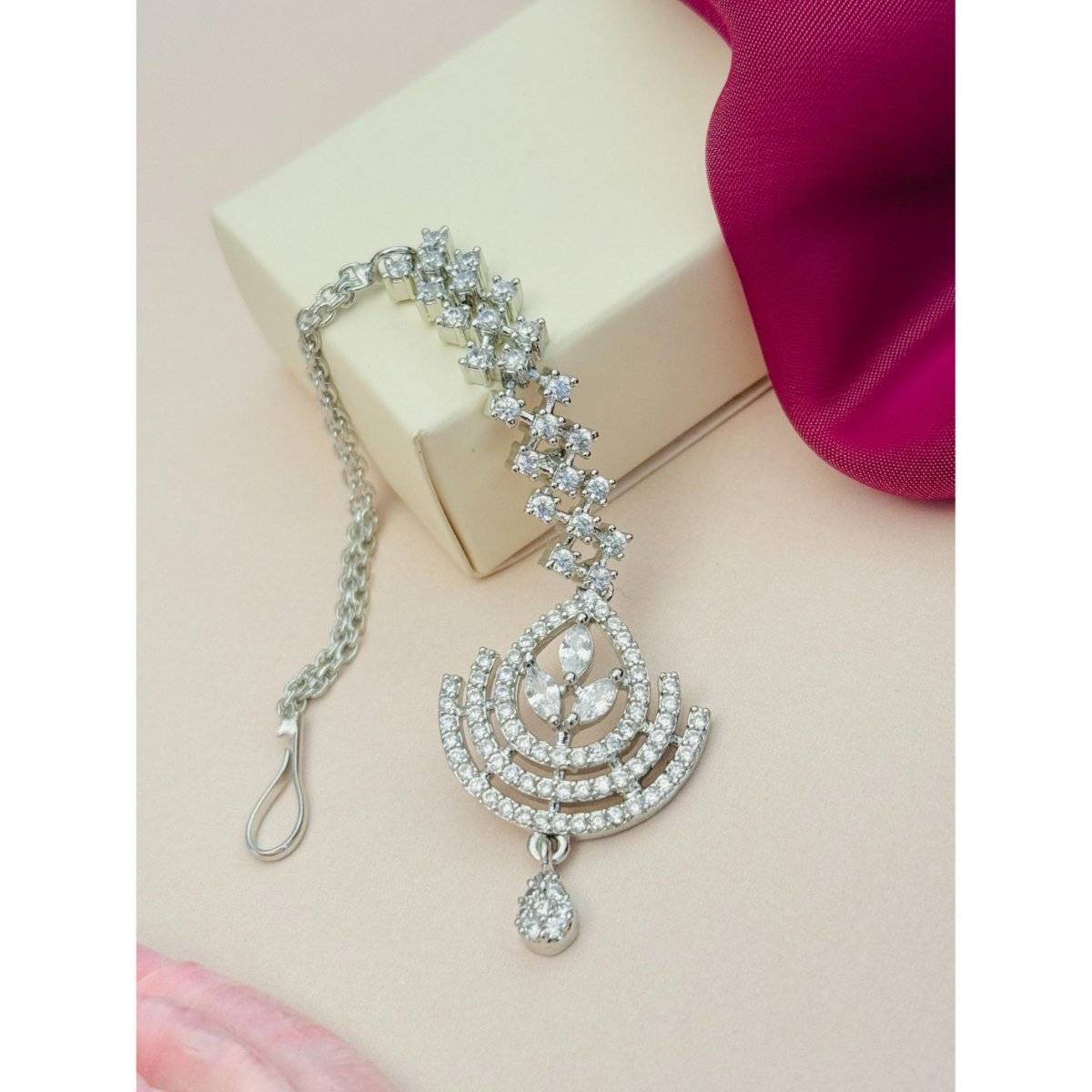 Abdesigns Silver-Plated American Diamond Studded Maang Tikka - White
