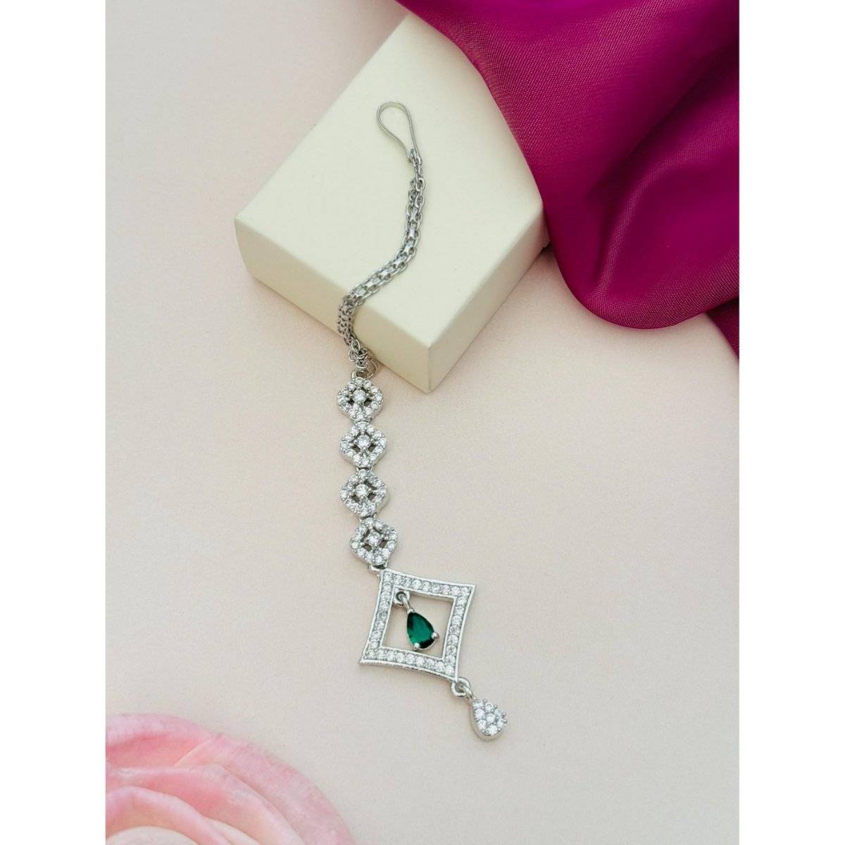 Abdesigns Silver-Plated American Diamond Studded Maang Tikka - Green