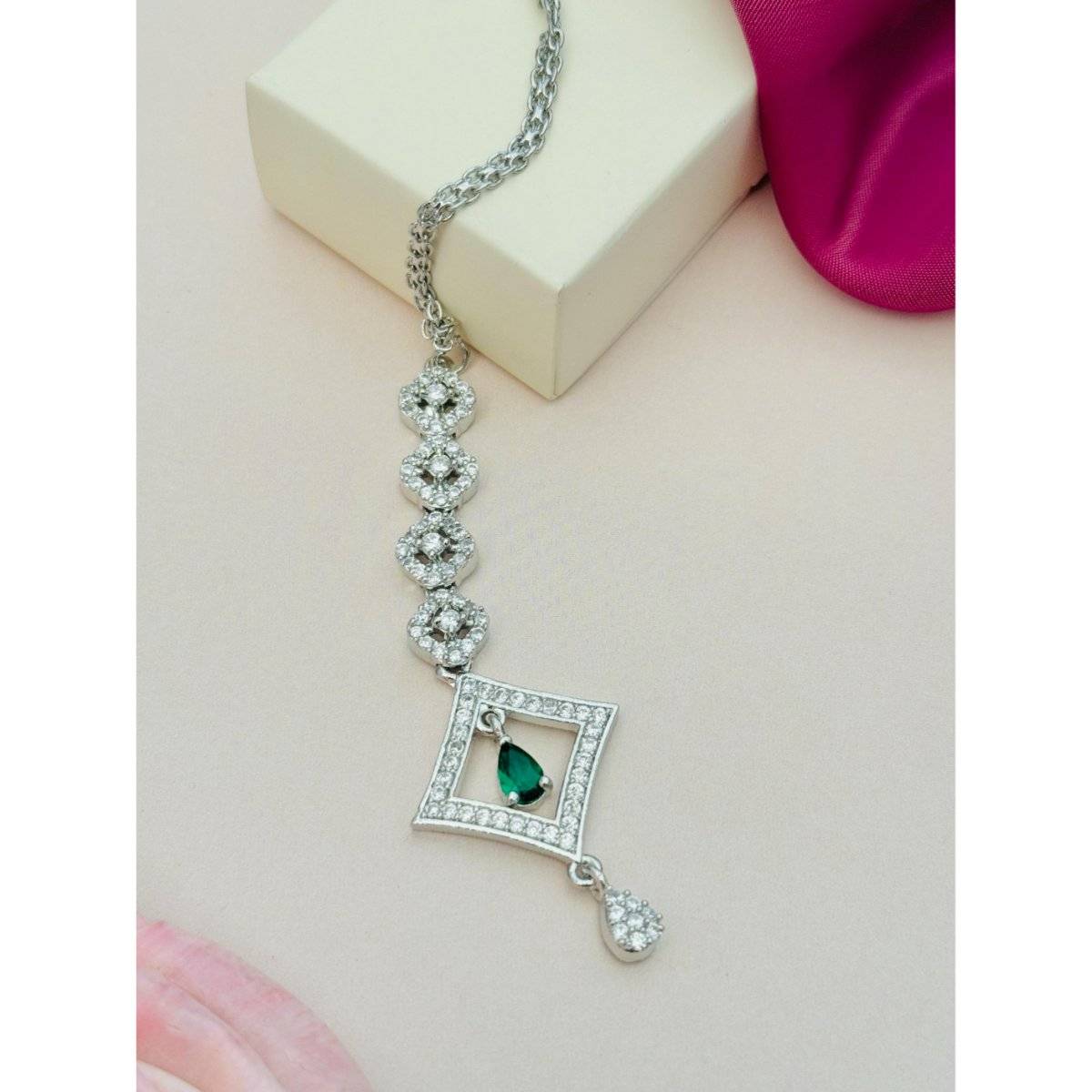 Abdesigns Silver-Plated American Diamond Studded Maang Tikka - Green