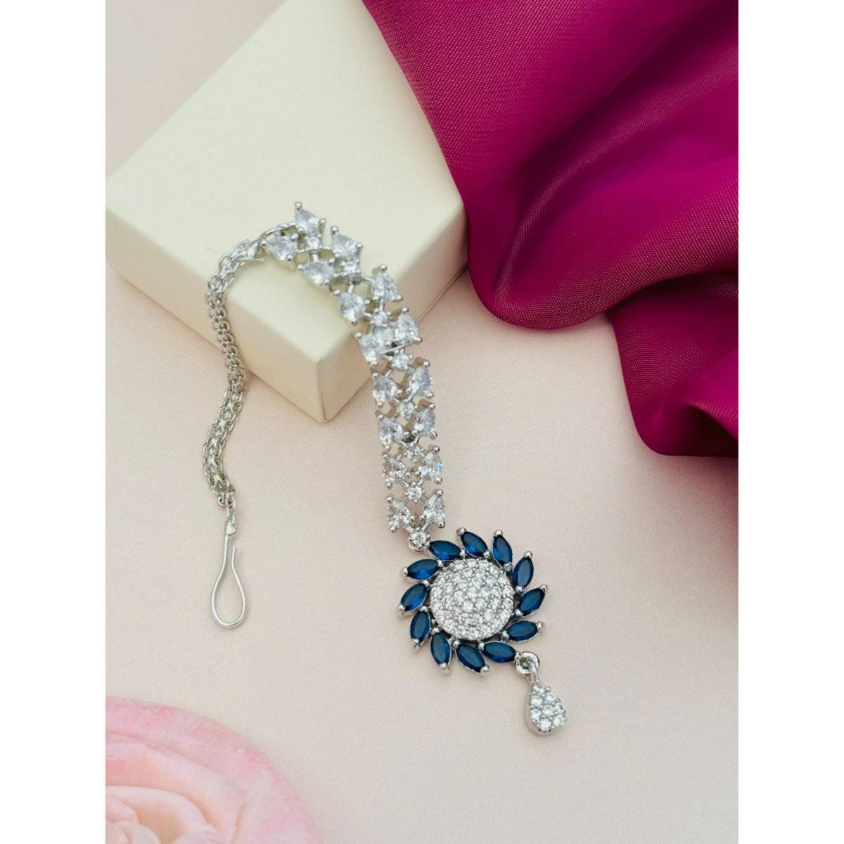Abdesigns Silver-Plated American Diamond Studded Maang Tikka - Blue