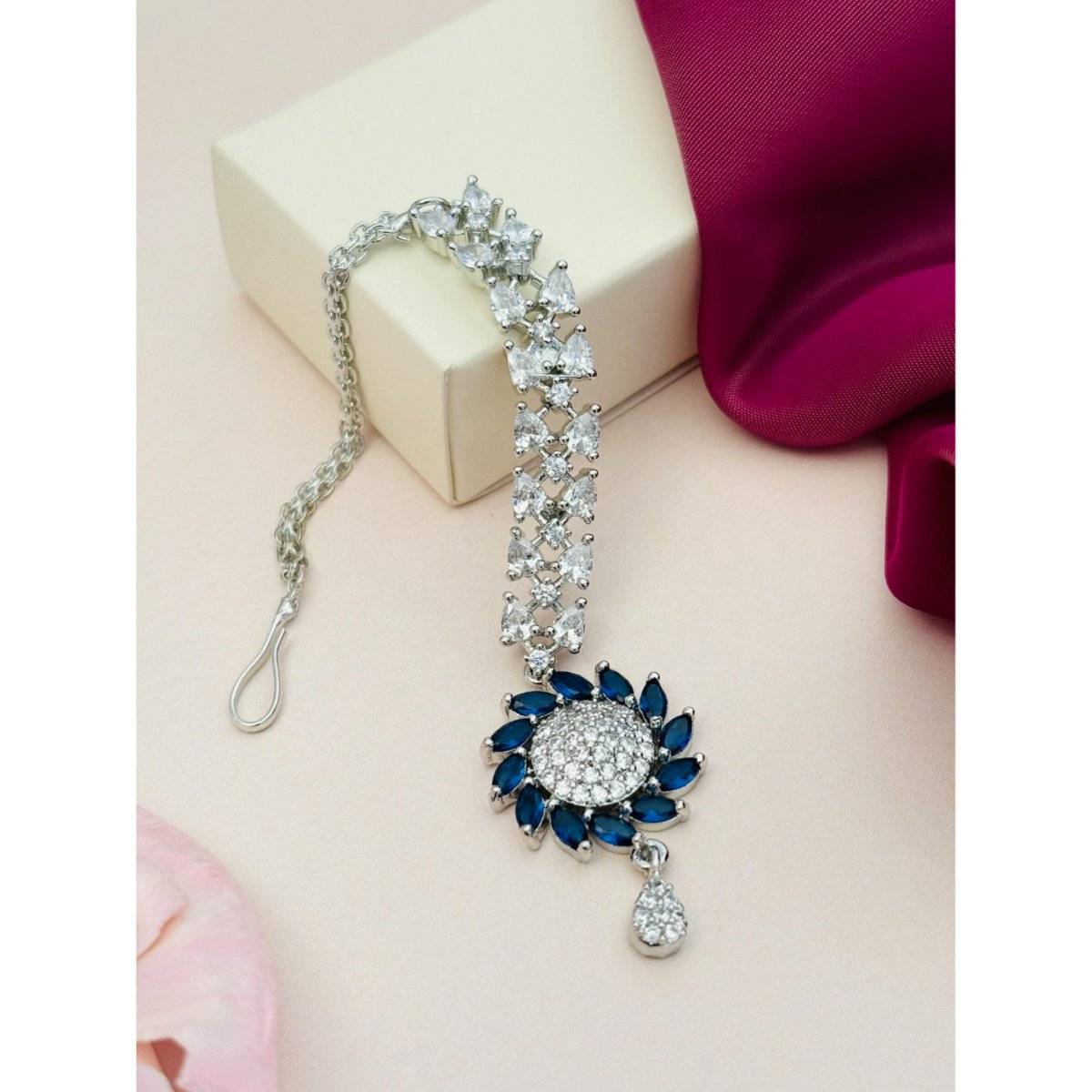 Abdesigns Silver-Plated American Diamond Studded Maang Tikka - Blue