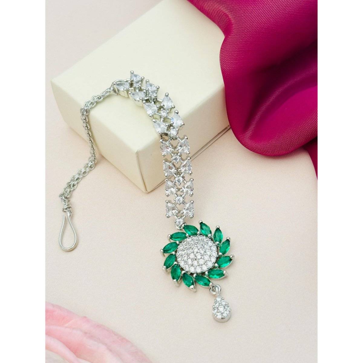 Abdesigns Silver-Plated American Diamond Studded Maang Tikka - Green