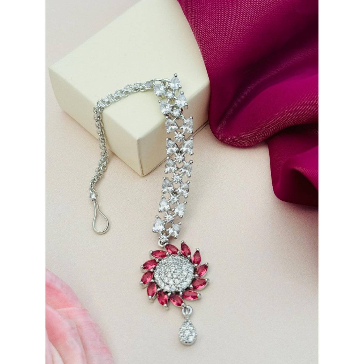 Abdesigns Silver-Plated American Diamond Studded Maang Tikka - Red